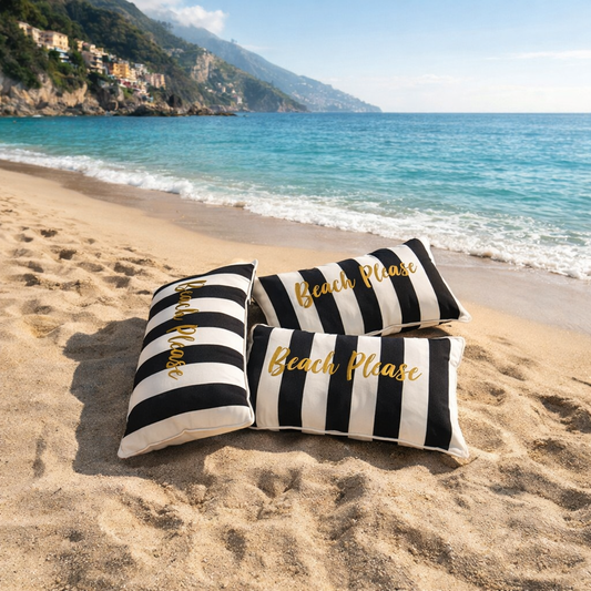 Outdoor Kissen 'Beach Please' Schwarz/Weiß Gold od. Silber