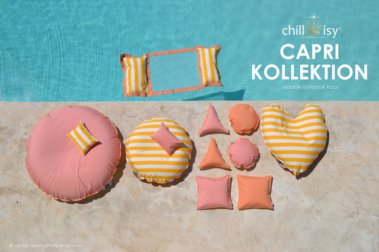 Schwimm- und Gartenkissen der Kollektion Capri von chillisy in den Farben: Gelb Weiß gestreift in Kombination mit Rosa und Aprikot.