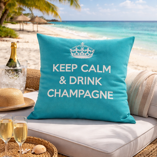 Türkises Dekokissen mit weißer Krone und weißem Schriftzug KEEP CALM & DRINK CHAMPAGNE von chillisy