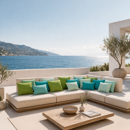 Gartenkissen von chillisy in den Farben Grasgrün, Mint, Turkis, Aqua und Lindgrün dargestellt auf moderner Gartenlounge mit Meer im Hintergrund und Olivenbaum.