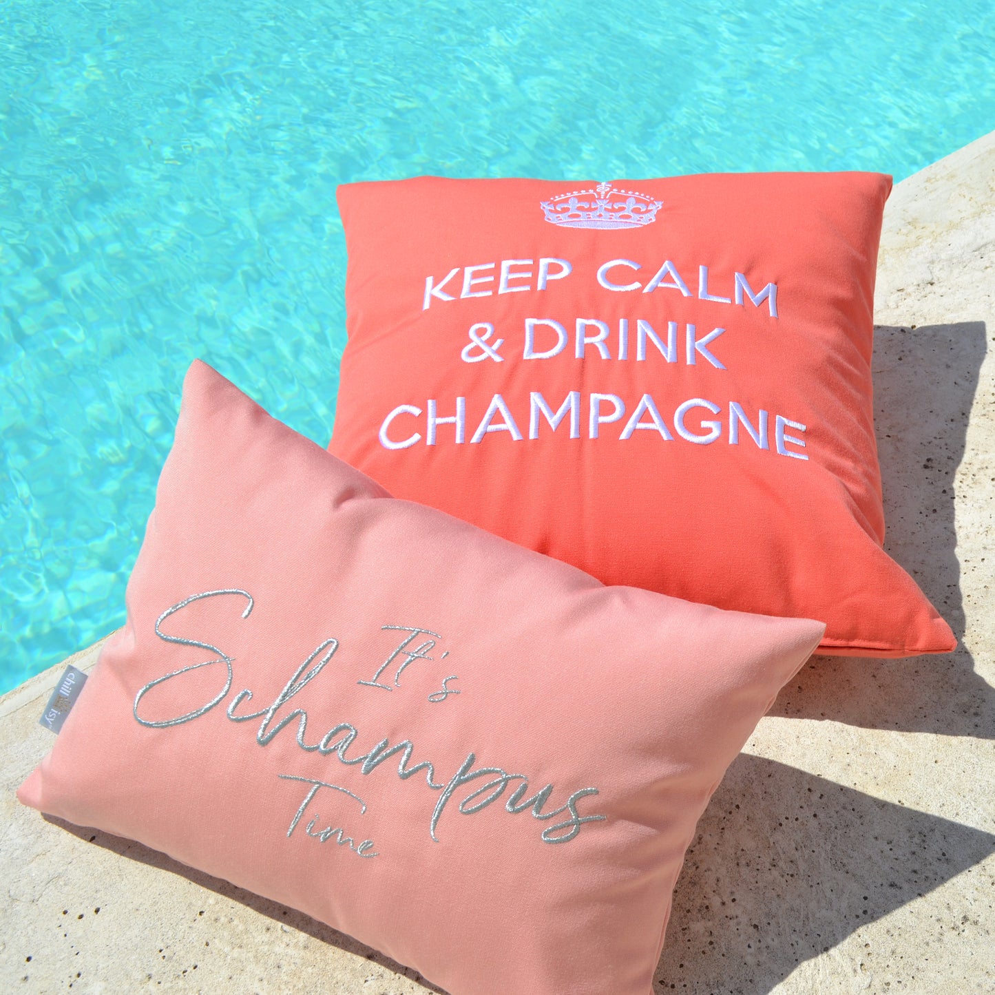 Kissen Champagner Schampus Time, Farbe: rosa, silber. Marke: chillisy. Online kaufen.