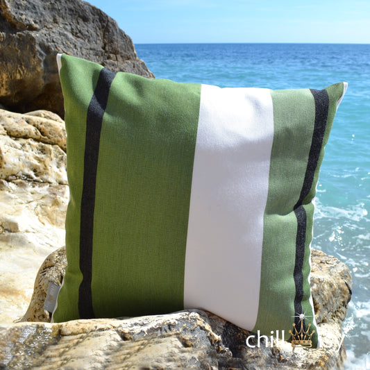 Kissen Sunbrella® Canyon Grün weiß schwarz gestreift.