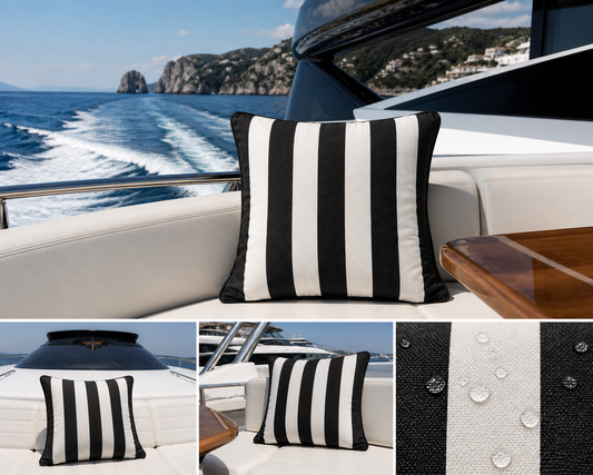 Kissen Sunbrella Vision Costa Middleburg schwarz Blockstreifen chillisy dargestellt auf Motoryacht.