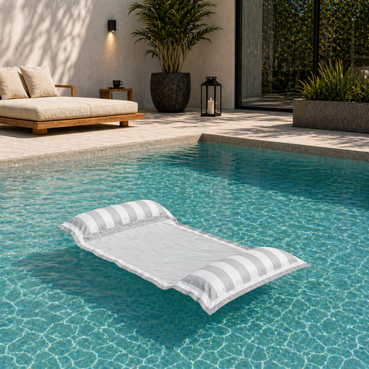 chillisy Wasserhängematte mit Netz in hellgrau weiss Blockstreifen Design im Pool schwimmend von chillisy hergestellt in Deutschland.