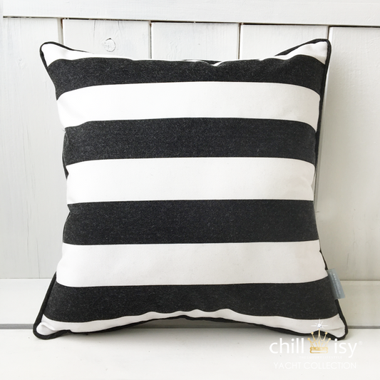 Sunbrella Outdoor cushion, black and white horizontal stripes, black piping