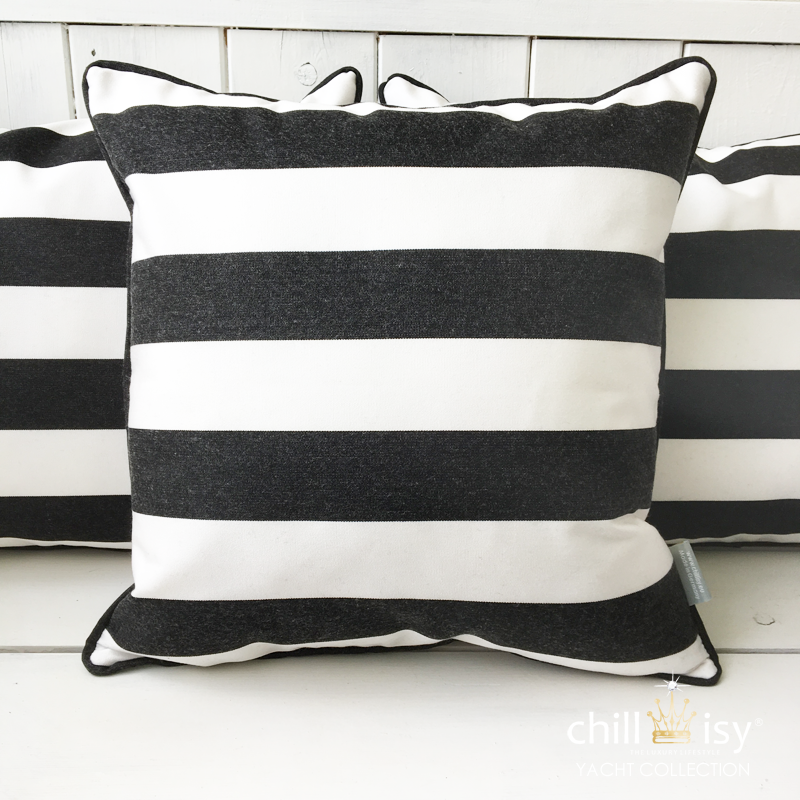 Sunbrella Outdoor cushion, black and white horizontal stripes, black piping