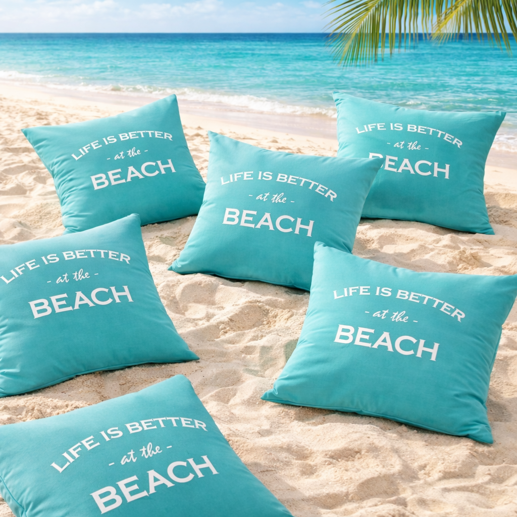 Mehrere türkise Dekokissen mit der weißen Stickerei „LIFE IS BETTER at the BEACH“ Liegen auf einem Sandstrand quer verteilt.
