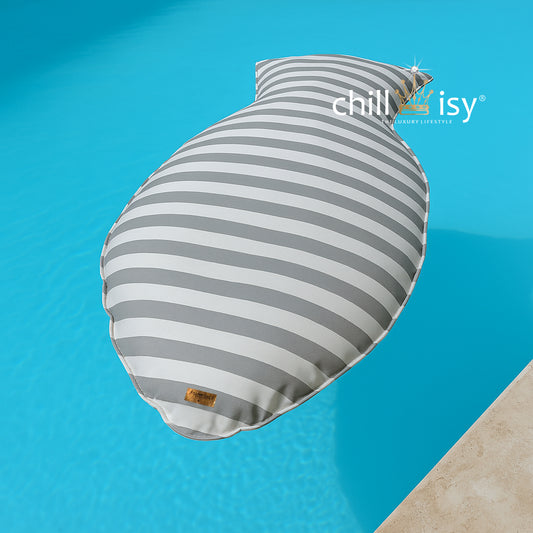 Schwimmkissen Poolkissen grau weiß gestreift in Fisch Form Float Sharky by chillisy.