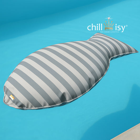 Schwimmkissen Poolkissen grau weiß gestreift in Fisch Form Float Sharky by chillisy.