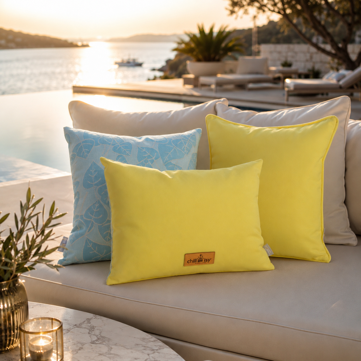 Outdoor Kissen made in Germany von chillisy in blauen und gelben Farben 
