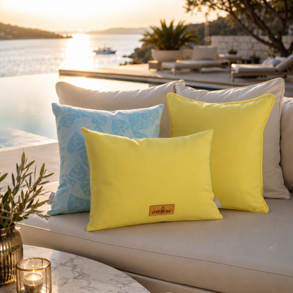 Outdoor Kissen made in Germany von chillisy in blauen und gelben Farben 