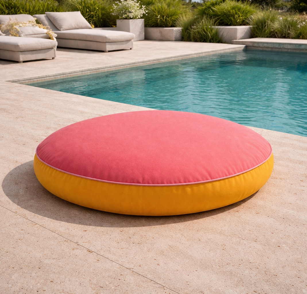 Rundes Bodenkissen von chillisy in der Farbe Pink Grapefruit, Rose und Gelb aus der Kollektion Happy Cushions mit 80 cm Durchmesser