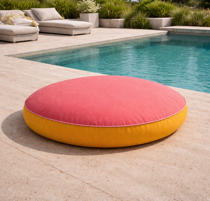 Rundes Bodenkissen von chillisy in der Farbe Pink Grapefruit, Rose und Gelb aus der Kollektion Happy Cushions mit 80 cm Durchmesser