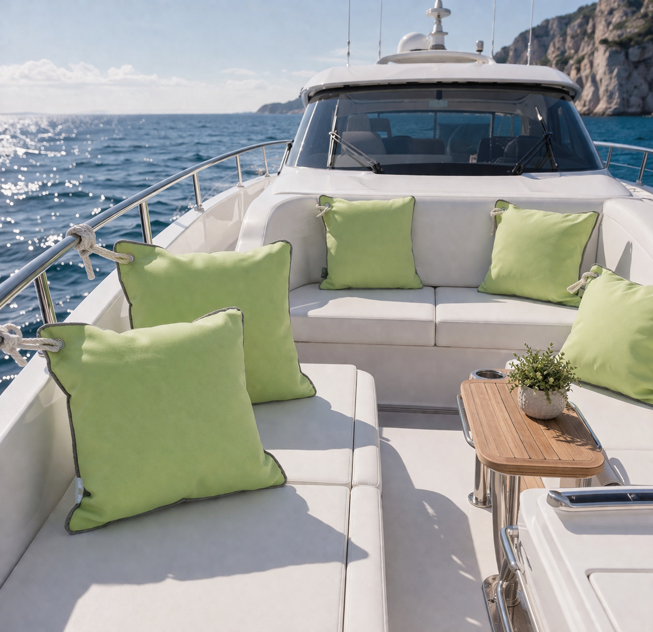 Grüne Bootskissen mit rostfreier Öse zum Befestigen am Boot oder Yacht dargestellt auf dem Deck einer weißen Motoryacht auf dem Meer. chillisy Kissen hergestellt in Deutschland.