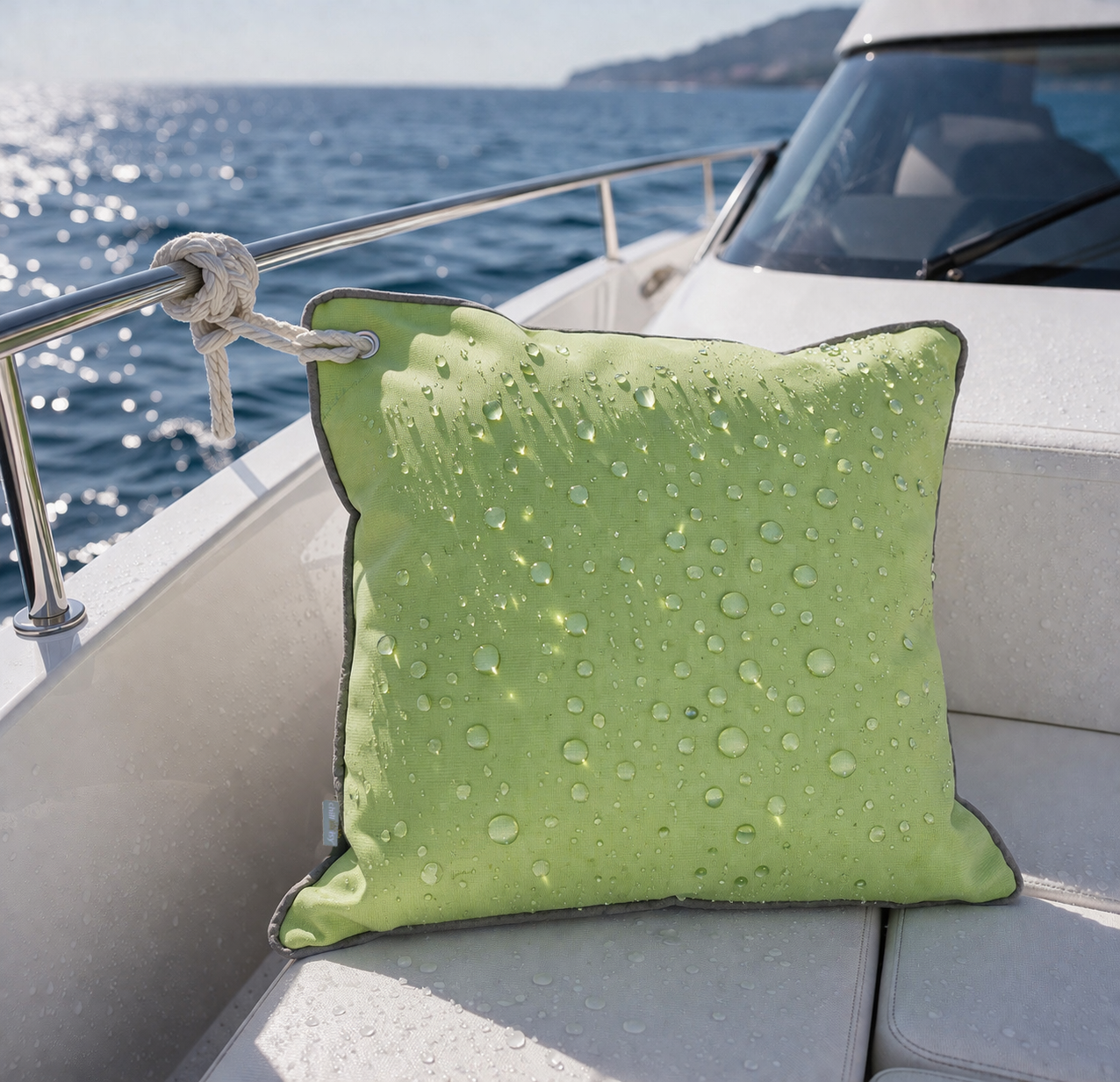 Grünes Bootskissen mit Wasserperlen darauf auf Yacht dargestellt um darzustellen, dass der Stoff Wasserabweisend ist. chillisy Kissen, hergestellt in Deutschland.