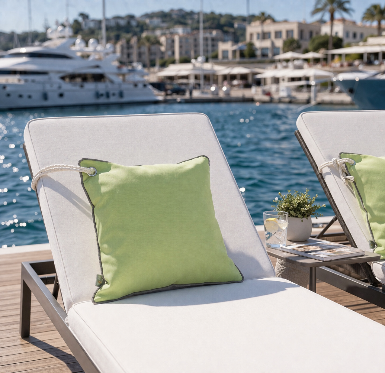 Grünes Bootskissen mit rostfreier Öse zum Befestigen am Boot oder Yacht dargestellt auf einer Sonnenliege von chillisy hergestellt in Deutschland.