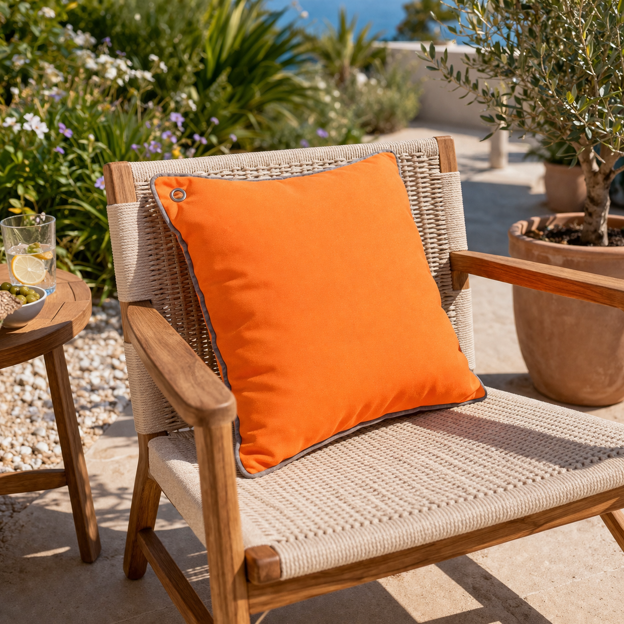 Orangenes Yachtkissen / Bootskissen mit grauer Keder Umrandung und rostfreier Öse auf beigen Gartenstuhl auf mediterraner Terrasse - von chillisy hergestellt in Deutschland.