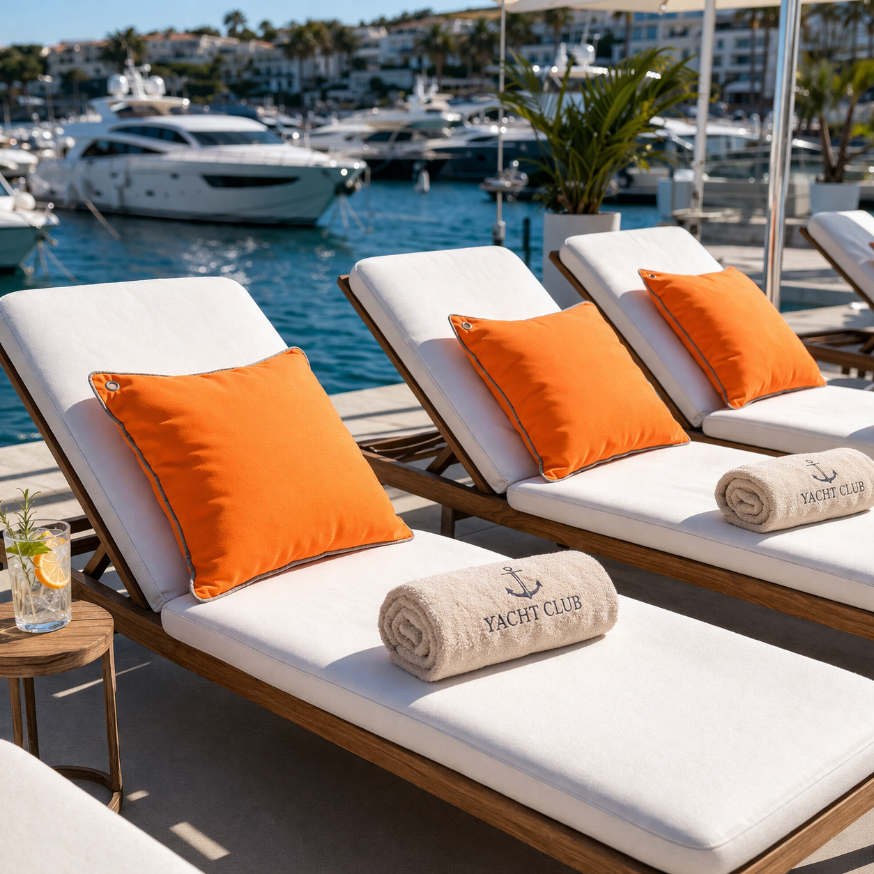Orangenes Yachtkissen / Bootskissen mit grauer Keder Umrandung und rostfreier Öse auf Seonnenliegen im Yachtclub am Hafen dargestellt - von chillisy hergestellt in Deutschland.