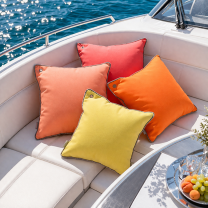 Bunte Yachtkissen / Bootskissen in den Farben Orange, Apricot, Gelb, Koralle (pink Grapefruit) mit grauer Keder Umrandung und rostfreier Öse um mit einem Seil das Kissen am Boot zu befestigen. - von chillisy hergestellt in Deutschland.