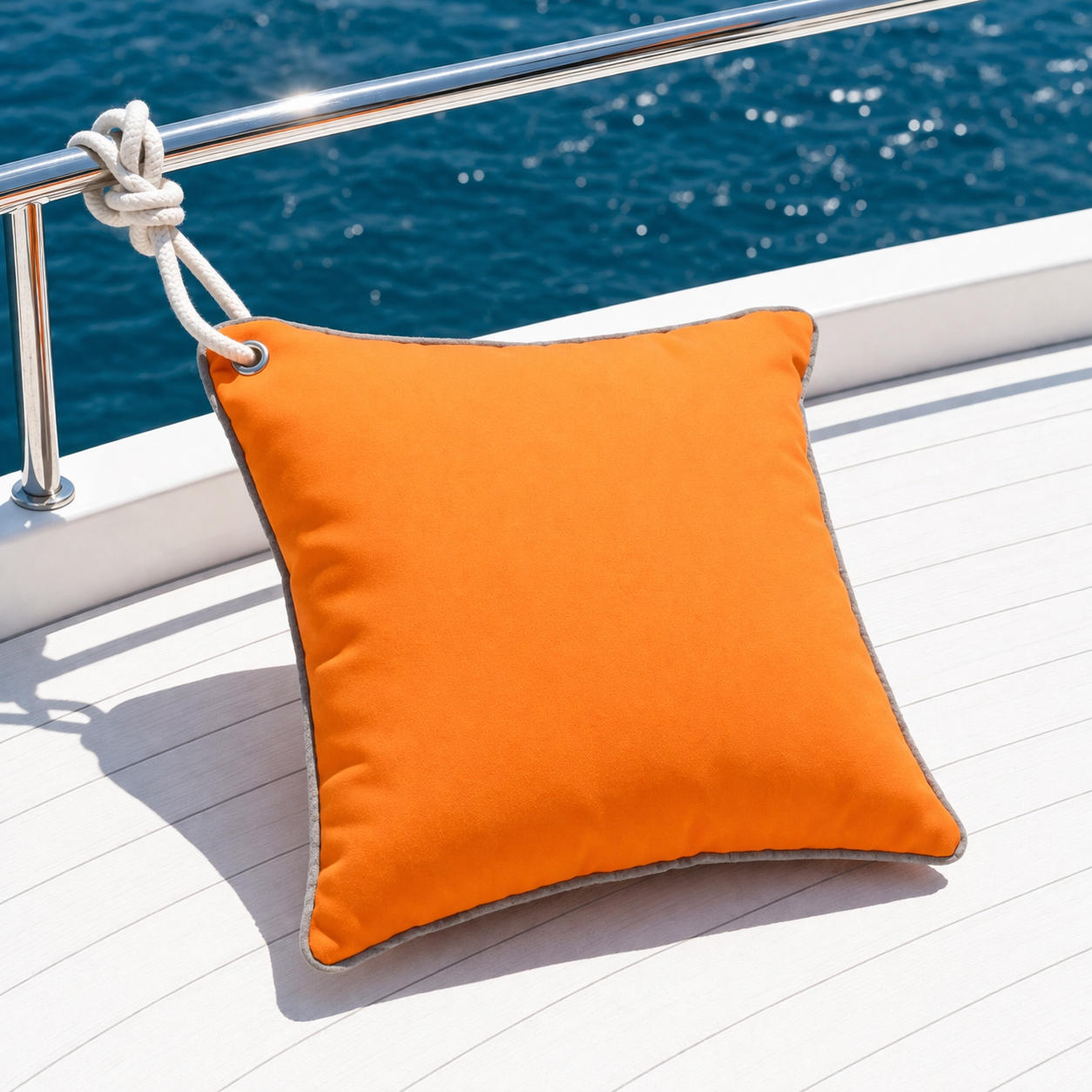 Orangenes Yachtkissen / Bootskissen mit grauer Keder Umrandung und rostfreier Öse um mit einem Seil das Kissen am Boot zu befestigen. - von chillisy hergestellt in Deutschland.
