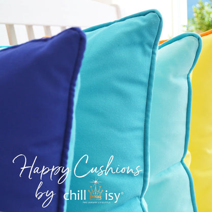 Happy Cushions Kissen Kollektion. In den Farben Türkis, Mint, Indigo Blau, Zitronen Gelb, Mandarinen Orange, Rosa, Pink Grapefruit... Gartenkissen hergestellt in Deutschland von chillisy.