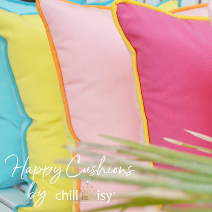 Happy Cushions Kissen Kollektion. In den Farben Türkis, Mint, Indigo Blau, Zitronen Gelb, Mandarinen Orange, Rosa, Pink Grapefruit... Gartenkissen hergestellt in Deutschland von chillisy.