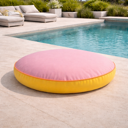 Rundes Bodenkissen von chillisy in der Farbe Rose, Orange und Gelb aus der Kollektion Happy Cushions mit 80 cm Durchmesser