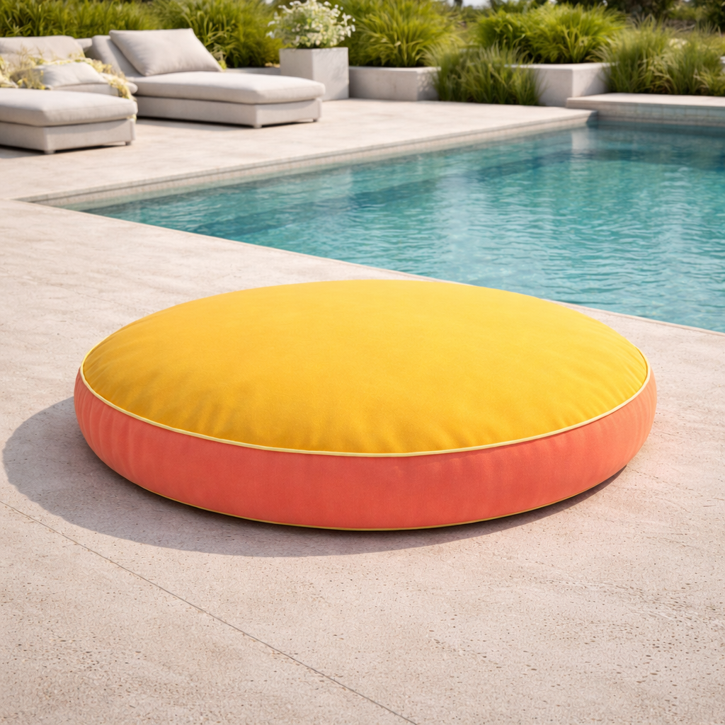 Rundes Bodenkissen von chillisy in der Farbe Gelb, Limone und Pink Grapefruit aus der Kollektion Happy Cushions mit 80 cm Durchmesser