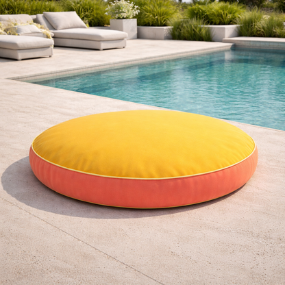Rundes Bodenkissen von chillisy in der Farbe Gelb, Limone und Pink Grapefruit aus der Kollektion Happy Cushions mit 80 cm Durchmesser