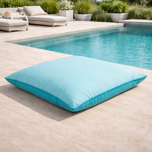 Quadratisches Bodenkissen von chillisy in der Farbe Mint und Türkis aus der Kollektion Happy Cushions am Poolrand dargestellt