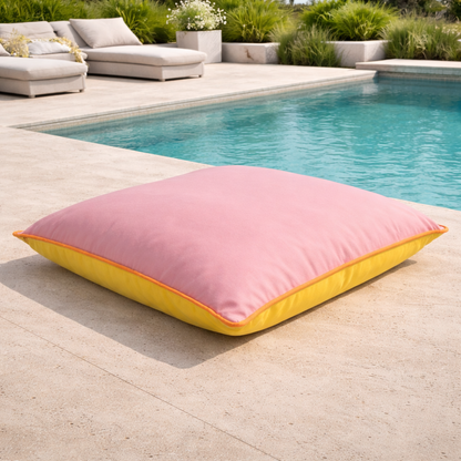 Quadratisches Bodenkissen von chillisy in der Farbe Rose, Orange und Gelb aus der Kollektion Happy Cushions 