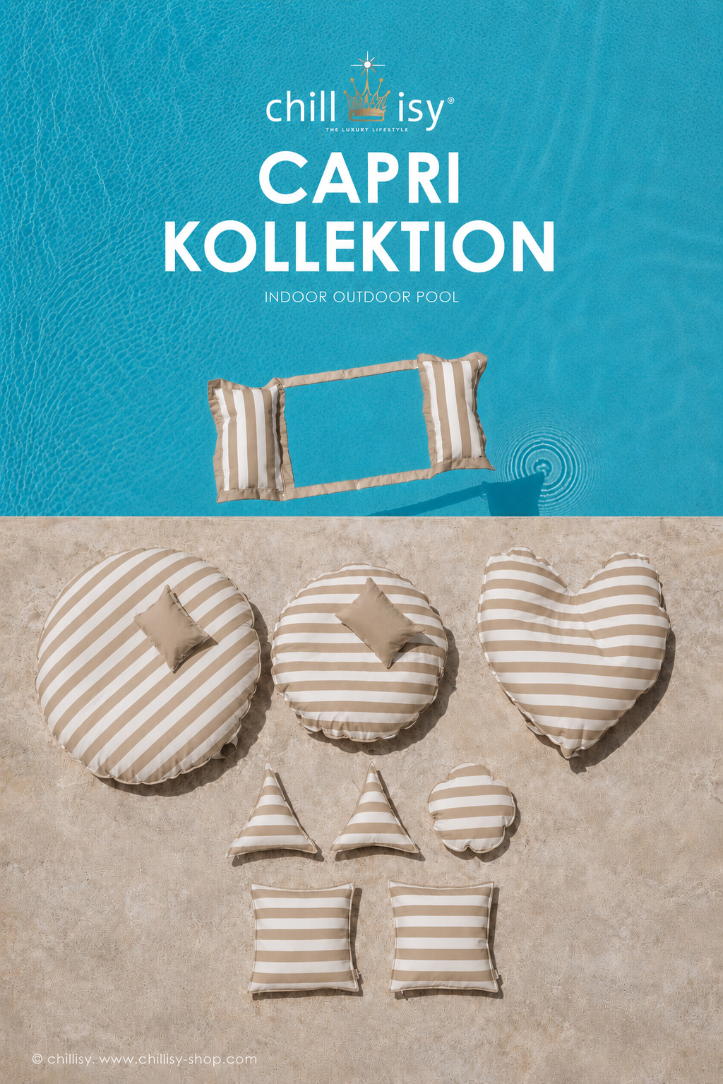 chillisy® CAPRI Kollektion mit Premium Outdoor-Kissen, Wasserhängematte, Pool Sitzsack, Rundkissen, Herzkissen und Dekokissen im eleganten Beige-Weiß Blockstreifen-Design – handgefertigt in Deutschland
