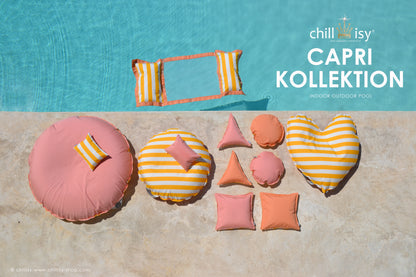 Wasserhängematte Capri von chillisy, schwimmt im Pool wie eine Luftmatratze ouhne ufblasen zu müssen. Farbe: Gelb, weiss, Apricot. 170x70 cm.