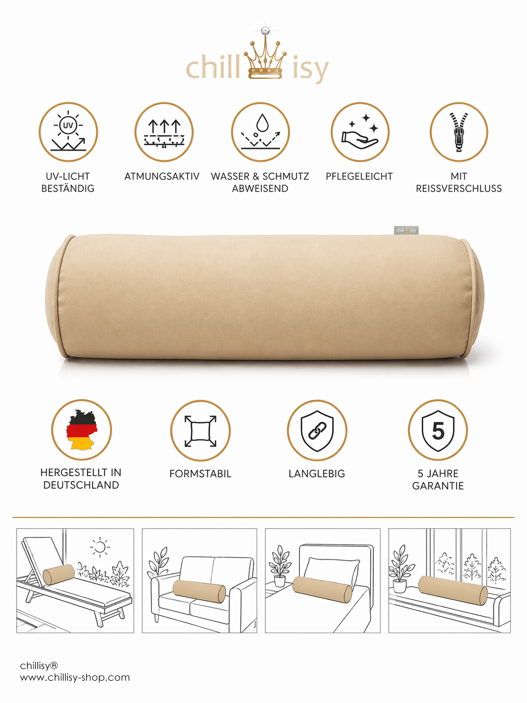 Outdoor Nackenrolle Canvas – wetterfest, wasserabweisend & UV-beständig, Made in Germany | chillisy®