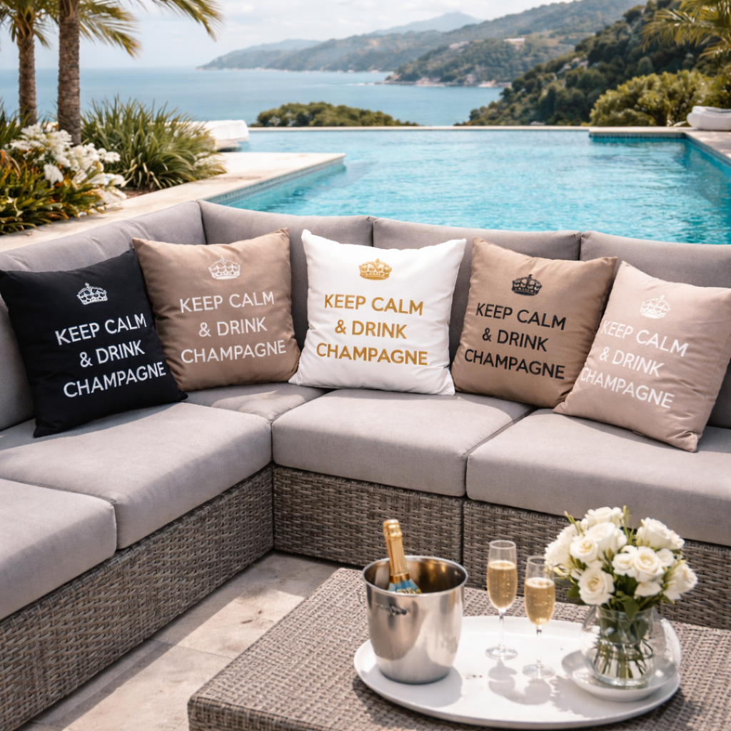 chillisy Outdoor-Kissen „Keep Calm & Drink Champagne“ in Schwarz, Taupe und Weiß auf luxuriöser Dachterrasse mit Lounge und Meerblick