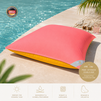 chillisy® wasserfester Pool Sitzsack Double-Side in Grapefruit Pink und Sonnenblumen Gelb am Pool – wendbarer Designer-Pool Sitzsack für Garten, Terrasse und Pool, genäht in Deutschland