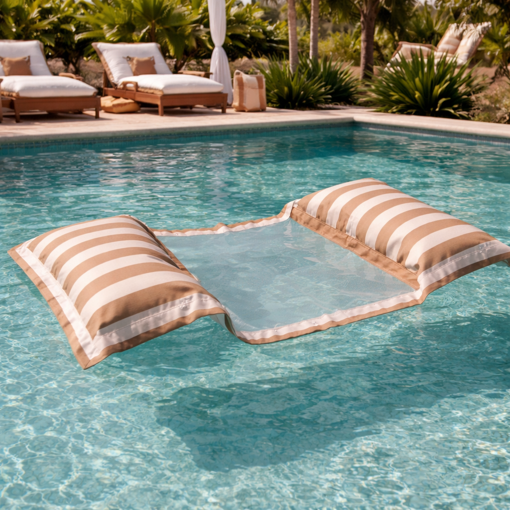 Luxuriöse beige-weiß gestreifte Wasserhängematte von chillisy im exklusiven Pool mit kristallklarem Wasser und eleganter Gartenlounge im Hintergrund