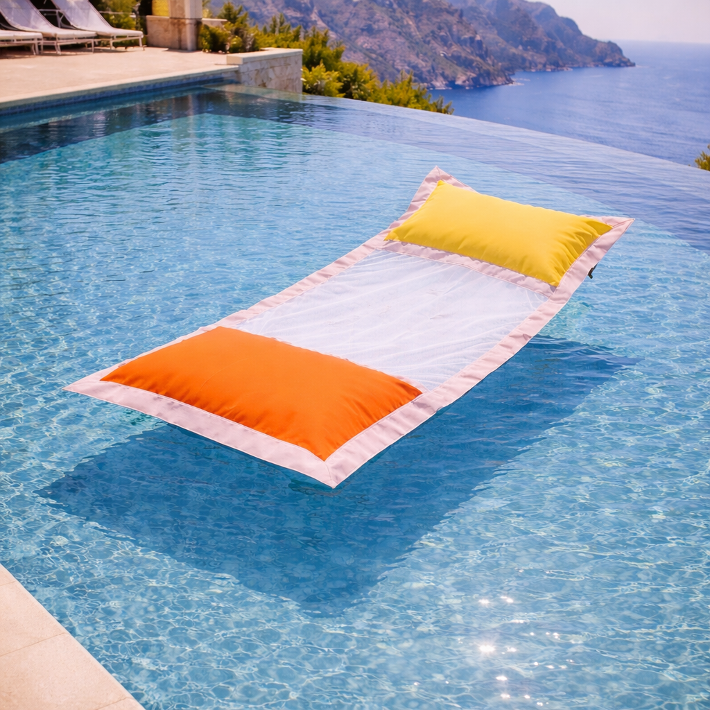 Luxus Wasserhängematte in Gelb, Rosa und Orange schwimmend im Pool mit Meerblick – chillisy Premium Pool Hängematte für Pool, See und Meer.