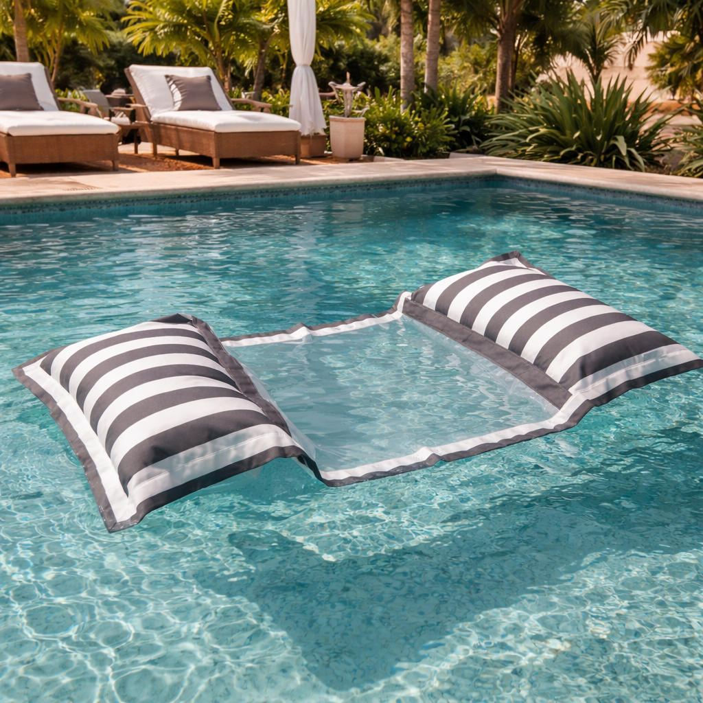 Luxuriöse grau-weiß gestreifte Wasserhängematte von chillisy im exklusiven Pool mit kristallklarem Wasser und stilvoller Gartenlounge