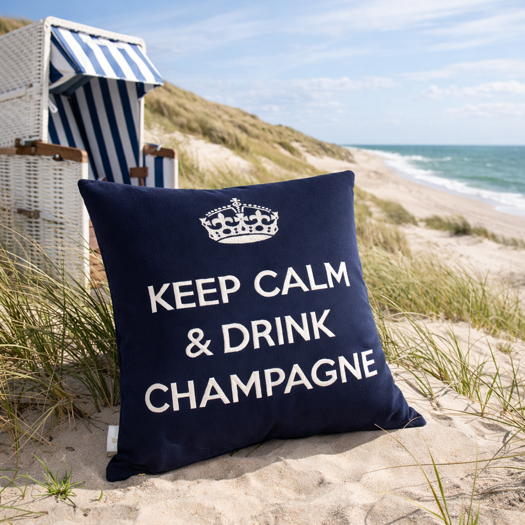 Navyblaues Dekokissen mit weisser Krone und Schriftzug KEEP CALM & DRINK CHAMPAGNE von chillisy, in den Dünen am Meer mit vor Strandkorb