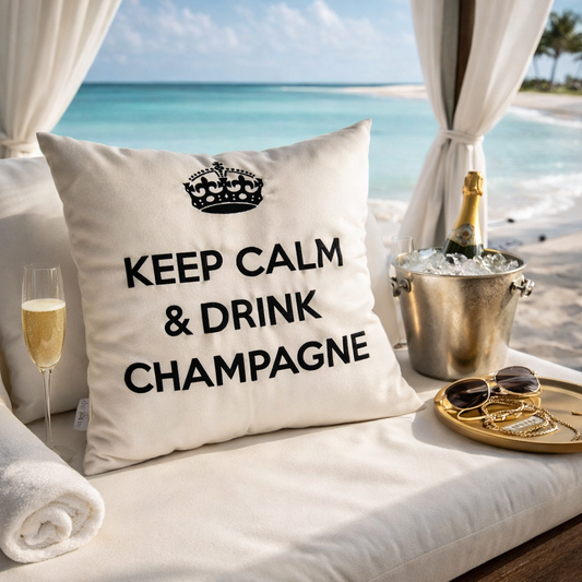 Wollweisses bzw. cremeweisses Dekokissen mit schwarzer Krone und Schriftzug KEEP CALM & DRINK CHAMPAGNE am Meer