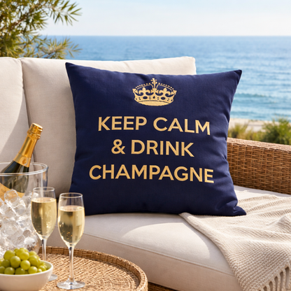 Dekokissen KEEP CALM & DRINK CHAMPAGNE mit Krone in blau mit beige