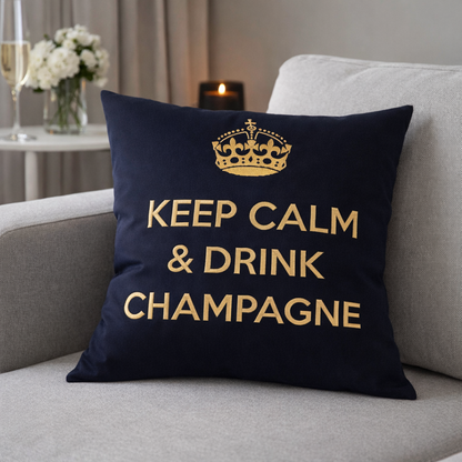 Dekokissen mit Krone und Schriftzug KEEP CALM & DRINK CHAMPAGNE in dunkelblau und beige