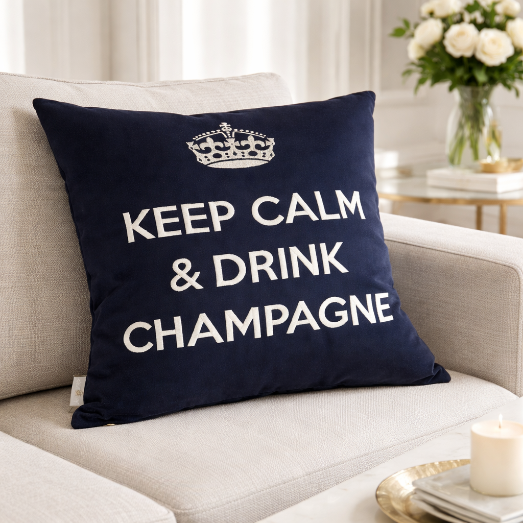 Dekokissen KEEP CALM & DRINK CHAMPAGNE mit Krone in navyblau auf Sofa von chillisy