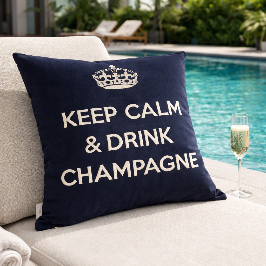 Navyblaues Dekokissen mit weißer Krone und Schriftzug KEEP CALM & DRINK CHAMPAGNE von chillisy am Pool.