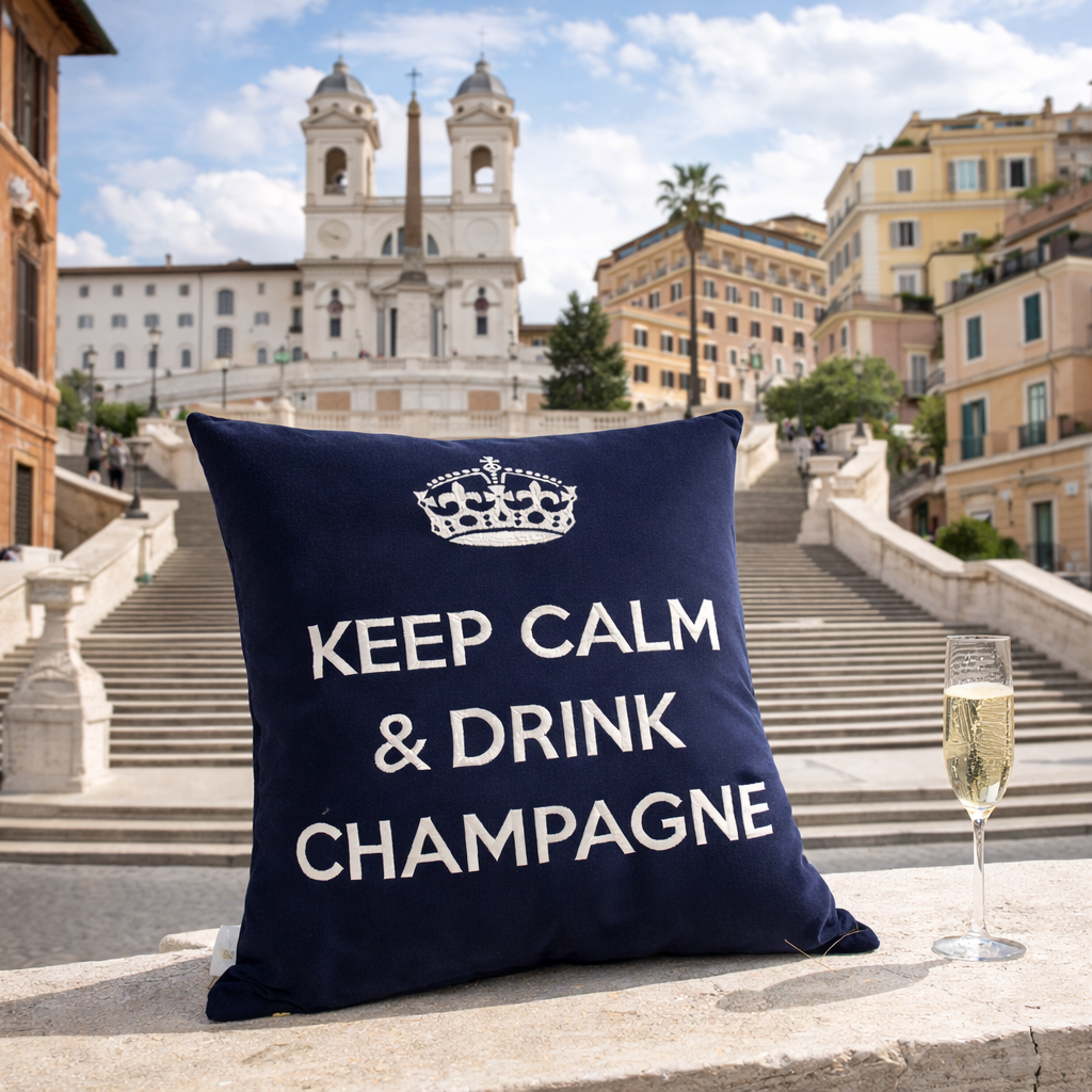 Dekokissen KEEP CALM & DRINK CHAMPAGNE in navyblau mit weisser Schrift und Krone an der Spanischen Treppe in Rom von chillisy. Made in Germany.