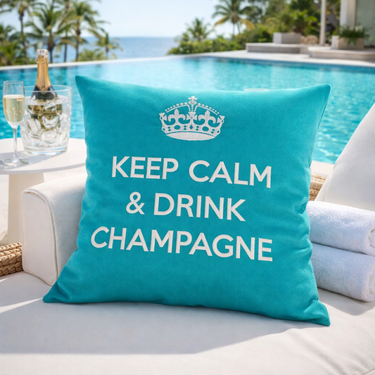Dekokissen mit Krone und gestickten Schriftzug KEEP CALM & DRINK CHAMPAGNE in türkis weiß von chillisy
