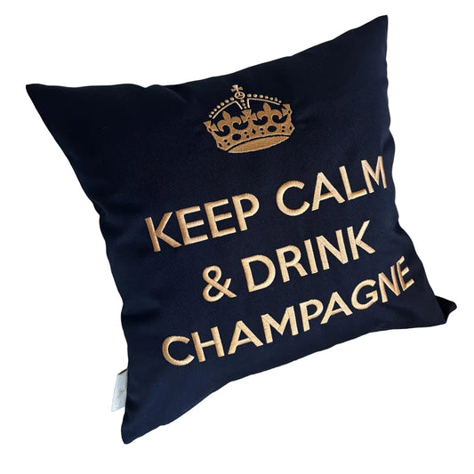 Dekokissen Navyblau mit weisser Stickerei und Kronenmotiv Keep Calm and Drink Champange