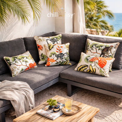 Outdoor Designer Kissen Jungle Muster Luxus Made in Germany chillisy Terrasse mit Meerblick. Stoff: Chiavasso, JAB Anstoetz