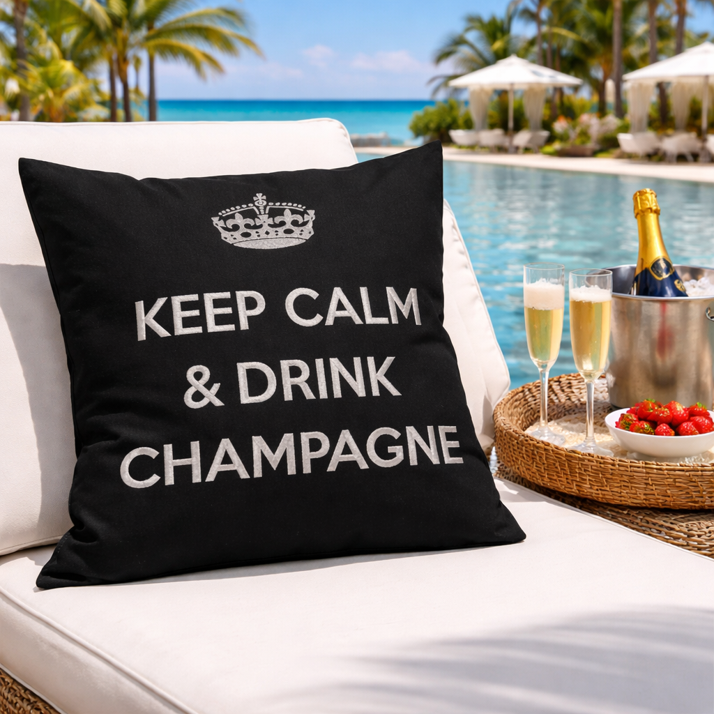Dekokissen schwarz mit silberner Krone und Schriftzug KEEP CALM & DRINK CHAMPAGNE von chillisy auf Sonnenliege am Pool mit Champagner und Erdbeeren.